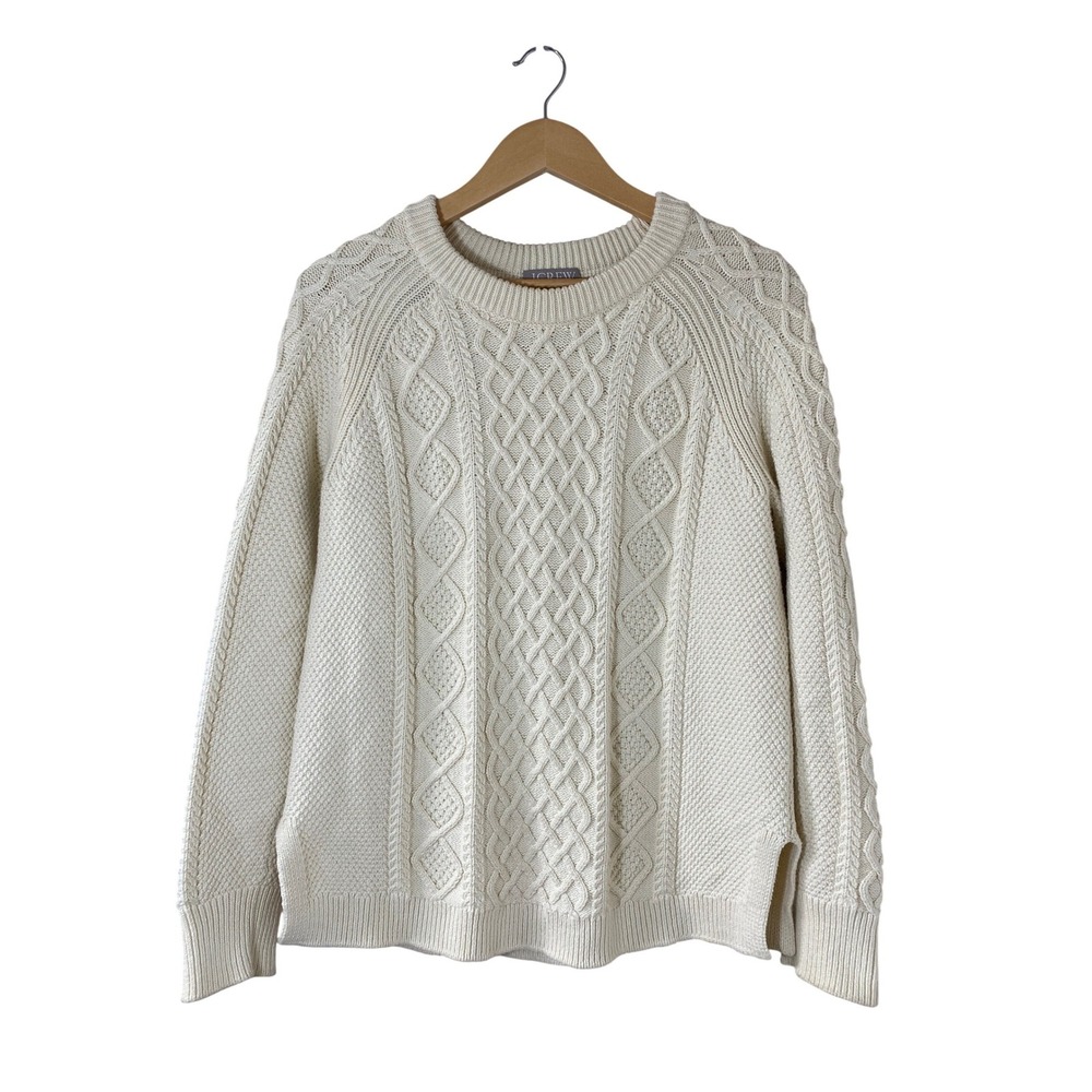 J.Crew Womens Ivory 100% Cotton Cable‎ Knit Crewneck Small Fisherman Sweater